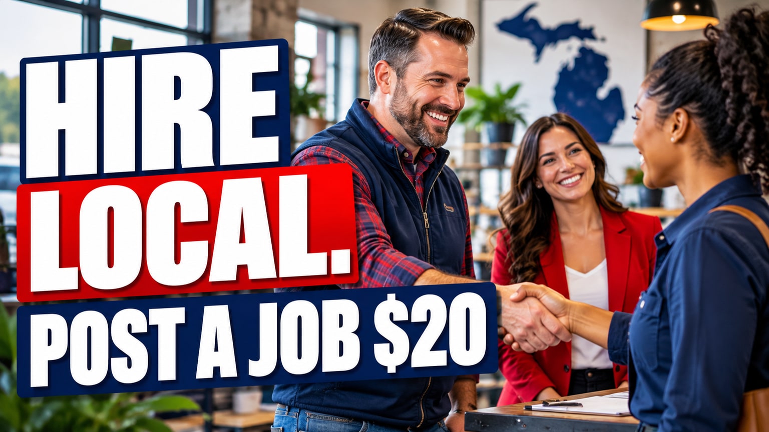 Hire local. Post a job $20. Illustrative employer image.
